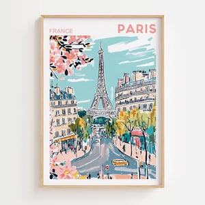 Retro Travel Poster Paris Print Eiffel Tower Wall Art Vintage Prints France Travel Poster European Retro Home Decor Modern Digital Download