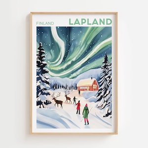 Lapland Print - Lapland Wall Art - Finland Poster - Travel Wall Art - Lapland Finland Print - Santas Grotto - Northern Lights - Finland Art