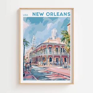 Póster de viaje de Nueva Orleans Arte de Estados Unidos Decoración máxima Arte mural moderno de mediados de siglo Arte mural ecléctico vibrante Descarga digital