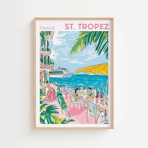 Póster de Saint Tropez, impresión de paisaje marino de Saint Tropez, ciudad costera de estilo vintage, arte mural de playa mediterránea, decoración de la Riviera Francesa
