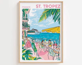 Saint Tropez physisches Poster, St. Tropez-Meerblick, Küstenstadt im Vintage-Stil, Mittelmeer-Strandwandkunst, Französische Riviera-Dekor