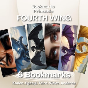 Puede incluir: Conjunto de seis marcapáginas imprimibles con arte de fantasía. Cada marcapáginas muestra un dragón o personaje diferente de la serie "Fourth Wing". Los marcapáginas están etiquetados con los nombres Xaden, Sgaeyl, Tairn, Violet y Andarna. También se ve el texto "Bookmarks Printable".