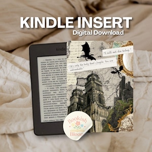 Puede incluir: Un lector de libros electrónicos Kindle que muestra texto junto a un gráfico de descarga digital. El gráfico presenta un castillo, dragones y el texto "I will not die today." y "it's only the body that's fragile. You are unbreakable."