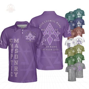 May include: Purple polo shirt with white geometric design and text "CM RAYS POTN IRY". The back of the shirt features the text "YOUR COUNCIL NAME" and a geometric design. Additional shirts in various colors are also shown.