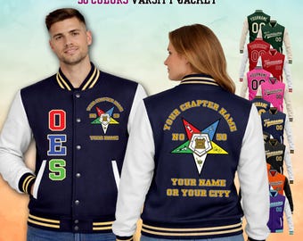 Kurtka uniwersytecka OES z personalizacją Order of the Eastern Star, kurtka Letterman, nazwa rozdziału, Star Apparel, 50 kolorów