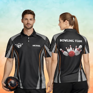 Bowling Polo Shirt Team Jersey Black Grey Line Pattern League Outfit Tournament Gift Mens Womens