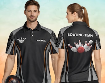 Bowling Polo Shirt Team Jersey Black Grey Line Pattern League Outfit Tournament Gift Mens Womens