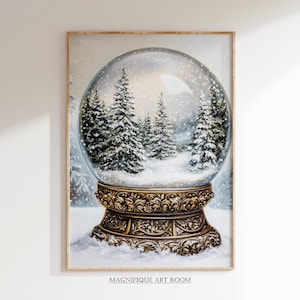 Vintage Christmas PRINTABLE Snow Globe Wall Art, Xmas Decoration Oil Painting, Winter Farmhouse Cottegcore Decor Digital Download W163|