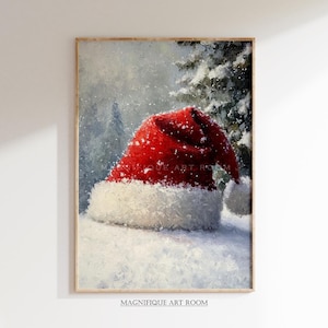 Printable Santa Hat Christmas Wall Art Decor, Vintage Santa Claus Print Oil Painting, Digital Download Xmas Rustic Festive Decor W153|