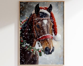May include: A framed print of a brown horse wearing a Santa hat and a red bridle, adorned with a holly wreath. The artwork is set against a snowy backdrop, with the text "MAGNIFIQUE ART ROOM" at the bottom.