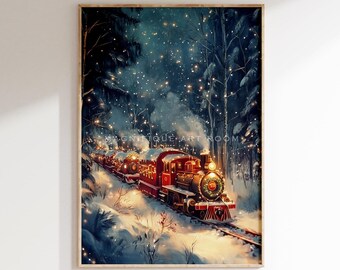 Vintage Printable Christmas Polar Express Train Print, Xmas Train Digital Download Farmhouse Christmas Holiday Decor Printable Wall Art W47