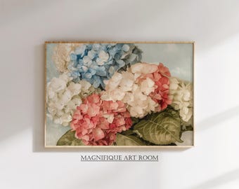 Patriotic Floral Wall Art Vintage Hydrangea Prints Americana Rustic Decor | Cottage Core Pastel Wall Art USA Summer Decor S1049|