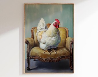 Chicken Art Print, Elegant Hen on Vintage Sofa, Whimsical Farmhouse Wall Decor, Portrait of Laying Hen, Country Cottage Printable Art S801|