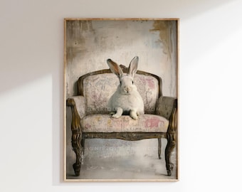 Easter Bunny Wall Art Cute Rabbit on Sofa Vintage Bunny Print | Digital Download Nursery Bunny Cottage Style Art Printable S293|