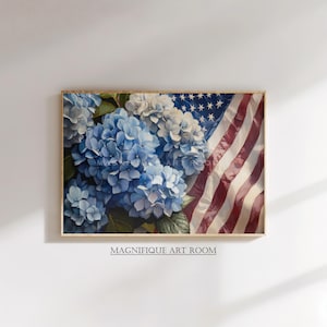 Patriotic Hydrangea Wall Art Digital Vintage Blue & White Flowers Painting | American Flag Print 4th of July Rustic Farmhouse Decor S818|
