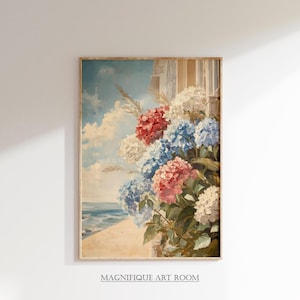 Patriotic Floral Wall Art Vintage Hydrangea Prints | Americana Rustic Decor Summer Cottagecore Red White Blue Flower Art Printable S854|