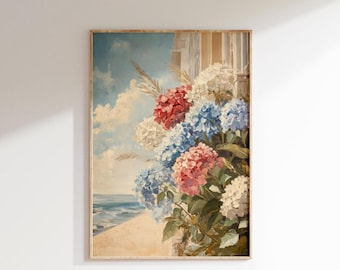 Patriotic Floral Wall Art Vintage Hydrangea Prints | Americana Rustic Decor Summer Cottagecore Red White Blue Flower Art Printable S854|