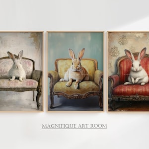 Easter Wall Art Cute Rabbit on Vintage Sofa Set of 3 Printable Prints | Vintage Bunny Painting Cottagecore Animal Wall Decor Digital SS4|