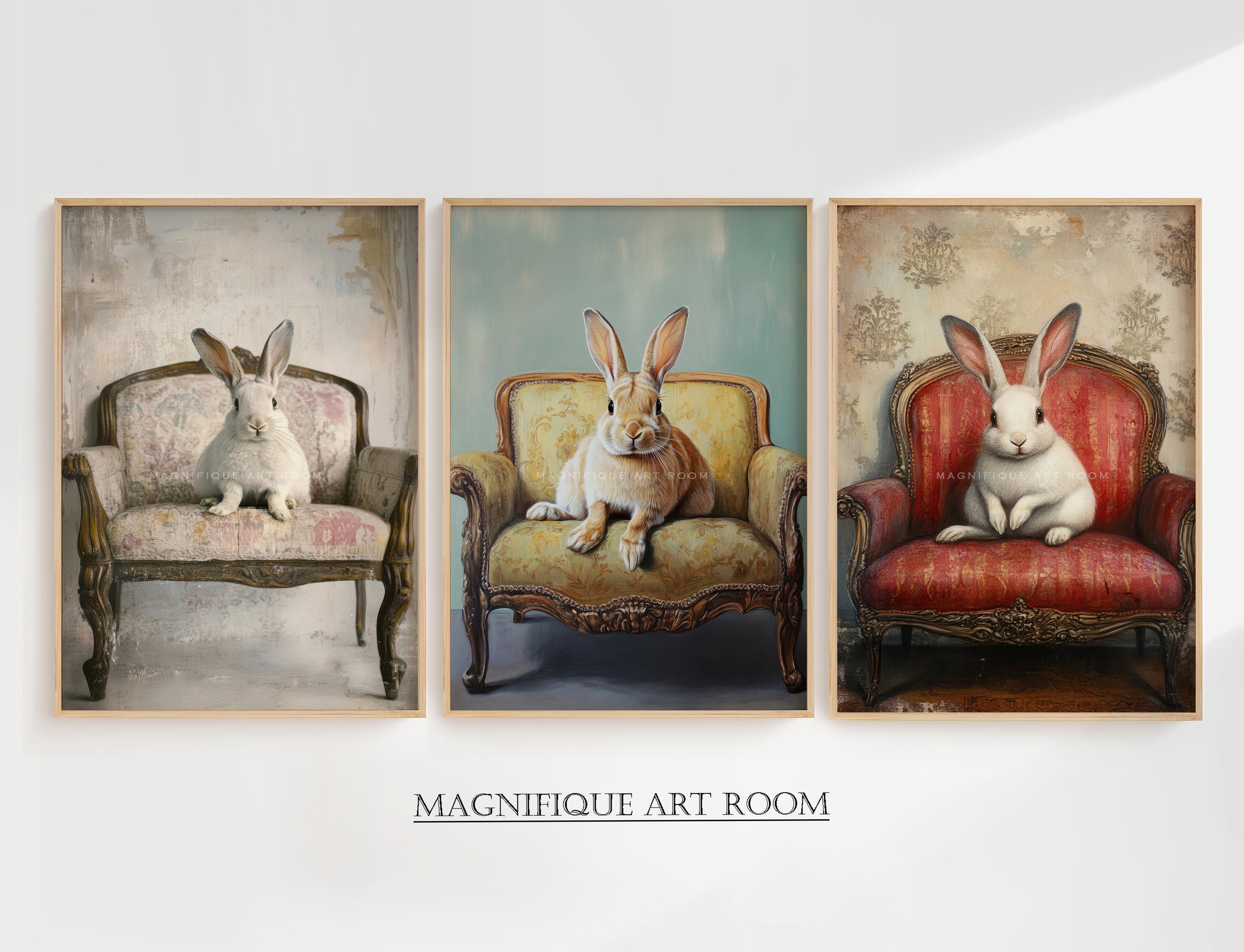 Easter Wall Art Cute Rabbit on Vintage Sofa Set of 3 Printable Prints | Vintage Bunny Painting Cottagecore Animal Wall Decor Digital SS4|