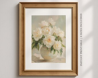 Floral Still Life Wall Art Printable, Vintage Peony Flower Painting, Botanical Print Digital Download S777|