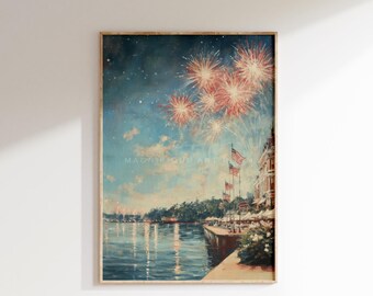 4th of July Wall Art Vintage Coastal Summer Digital Print | Fireworks Painting Americana Rustic  S914