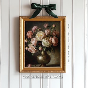 Vintage Peony Flower Painting Moody Floral Printable Wall Art | Cottagecore Botanical Prints Dark Farmhouse Wall Art Digital Download S779|