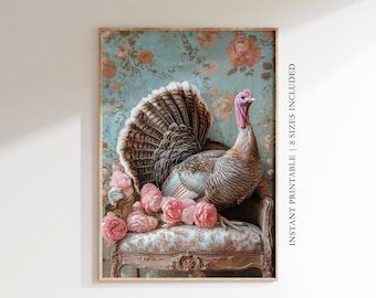 Thanksgiving Turkey Printable Fall Wall Art | Vintage French Country Animal Print | Rustic Farmhouse Autumn Decor Digital Download S809|