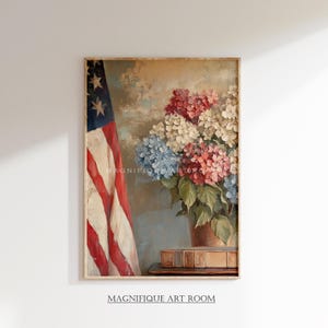 Patriotic USA Flag Wall Art Digital Hydrangea Prints 4th of July Poster | Vintage Americana Floral Art Rustic Cottagecore Wall Decor S1045|