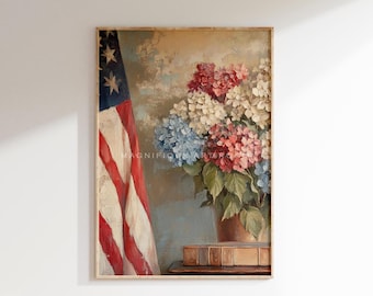 Patriotic USA Flag Wall Art Digital Hydrangea Prints 4th of July Poster | Vintage Americana Floral Art Rustic Cottagecore Wall Decor S1045|