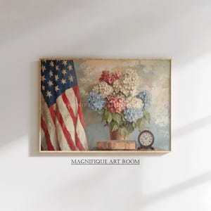 Patriotic Wall Art USA Flag Digital Hydrangea Prints 4th of July Poster | Vintage Americana Floral Art Rustic Cottagecore Wall Decor S859|