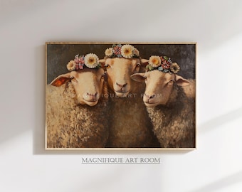 Vintage Farm Animal Wall Art Printable Sheep Trio Painting Rustic Country Decor Digital Download S201