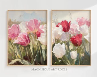 Spring Tulip Wall Art Set Printable, Floral Botanical Print, Vintage Meadow Landscape Digital Download  SS6