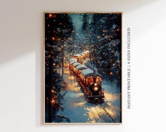 Vintage Printable Christmas Polar Express Train Painting, Farmhouse Christmas Holiday Decor, Winter Gallery Prints, Digital Download  W49|