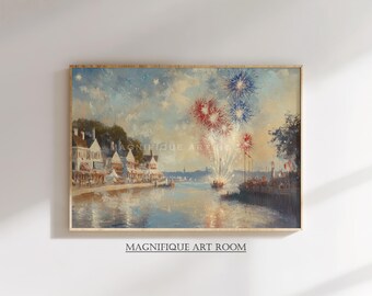 4th of July Wall Art Vintage Coastal Summer Digital Print | Fireworks Painting Americana Rustic Decor Cottage Core Wall Decor S913|