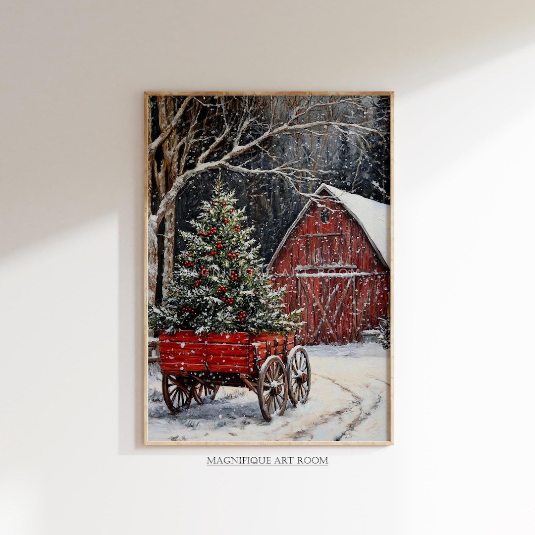 Christmas Farm Red Barn Printable Wall Art, Rustic Holiday Decor ...