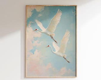 Flying Bird Wall Art Pastel Sky Crane Print | Serene Nature Wall Decor Cottagecore & Boho Bird Art for Home Printable Digital Painting S496|