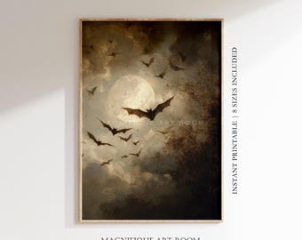 Printable Bat Wall Art Vintage Halloween Print | Fall Cottagecore Moon Decor | Spooky Gothic Digital Download F532