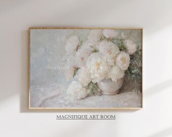 White Peonies Digital, Peony Wall Art Printable, Still Life Cottagecore Decor, Impressionist Peony Print, Vintage Style Flower Decor S503|