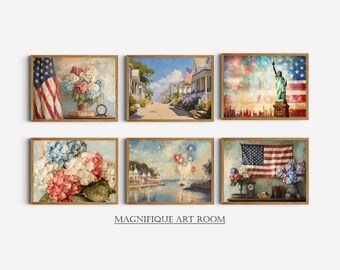 Patriotic Wall Art Set of 6 American Prints Vintage Hydrangea Painting | 4th of July Americana Rustic Decor Cottagecore Decor Digital S1049|