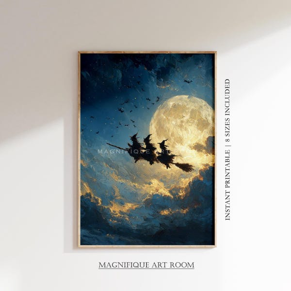Arte de pared imprimible de brujas / Impresión vintage de brujas de Halloween volando / Pintura de luna llena espeluznante descarga digital F529