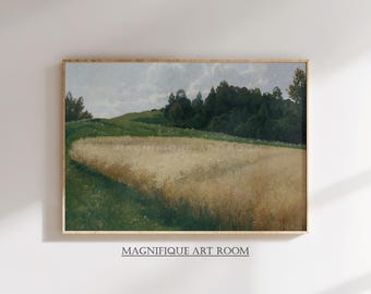 ニュートラルな風景画、アンティークな田舎風絵画、ヴィンテージの麦畑