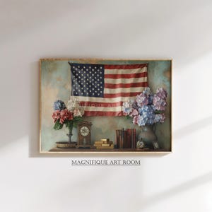 Americana Floral Art Print Vintage Patriotic Hydrangeas & American Flag Printable Wall Decor | Rustic 4th of July Country Home Decor S917|