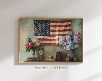 Americana Floral Art Print Vintage Patriotic Hydrangeas & American Flag Printable Wall Decor | Rustic 4th of July Country Home Decor S917|