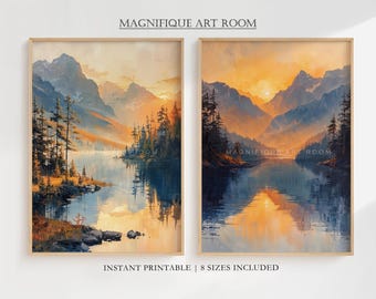 Set di decorazioni murali con lago di montagna autunnale: stampa del paesaggio dell'ora d'oro, decorazione Cottagecore (stampabile, download digitale) F204