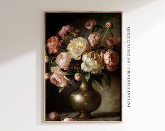 Vintage Peony Flower Painting Moody Floral Printable Wall Art | Cottagecore Botanical Prints Dark Farmhouse Wall Art Digital Download S779|