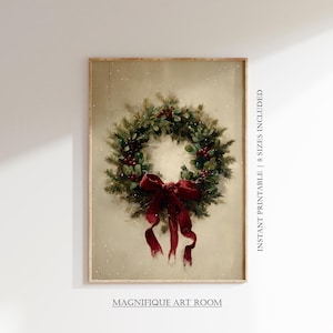 Afdrukbare kerstkranskunst: vintage vakantie groen schilderij boerderij winter muurdecoratie (digitale download) W597