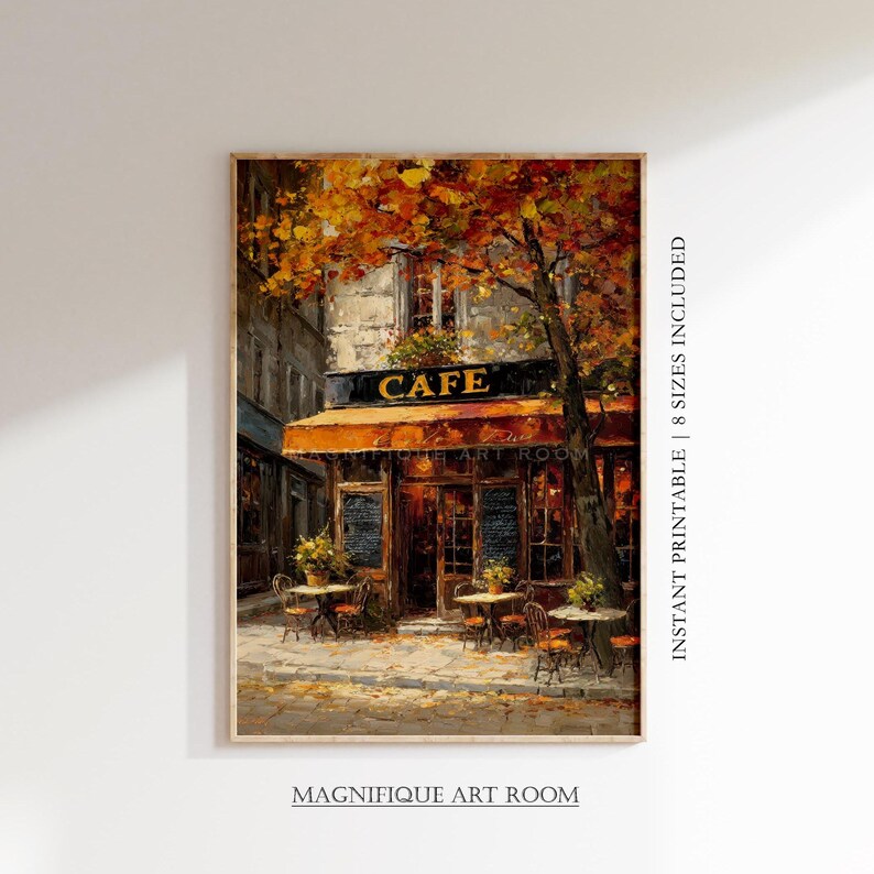 Autumn Paris café wall art printable featuring rustic French charm, warm seasonal tones, and cozy street scene. Perfect for farmhouse kitchens, cottagecore homes, reading nook and country fall decor.