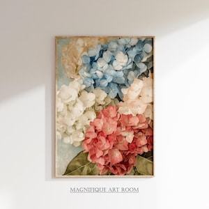 Patriotic Floral Wall Art Vintage Hydrangea Prints Americana Rustic Decor | Cottage Core Pastel Wall Art USA Summer Decor S853|