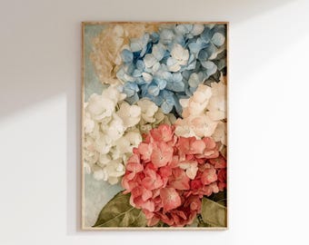Patriotic Floral Wall Art Vintage Hydrangea Prints Americana Rustic Decor | Cottage Core Pastel Wall Art USA Summer Decor S853|