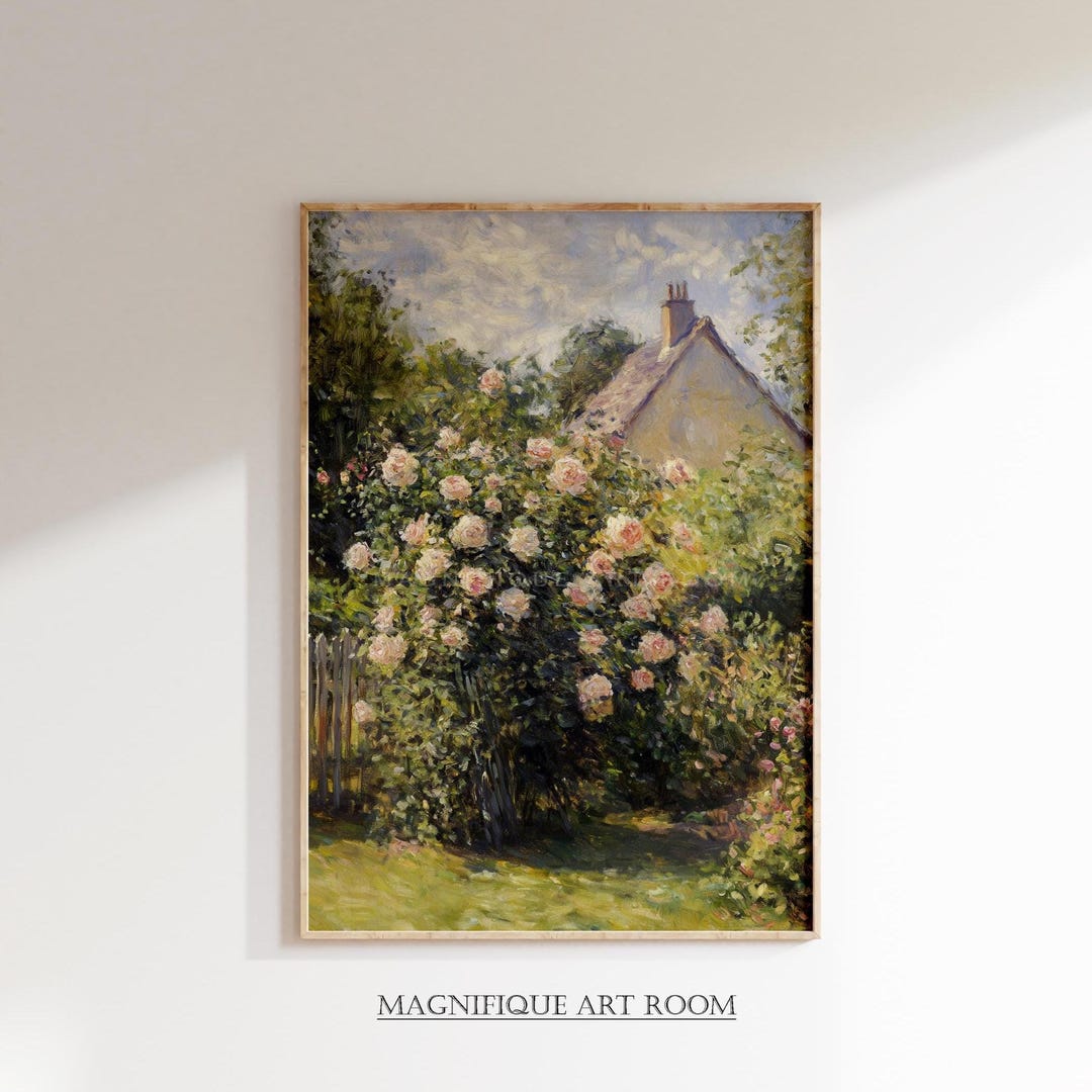 Cottage Garden Wall Art Print, Vintage Rose Bush Painting, English ...